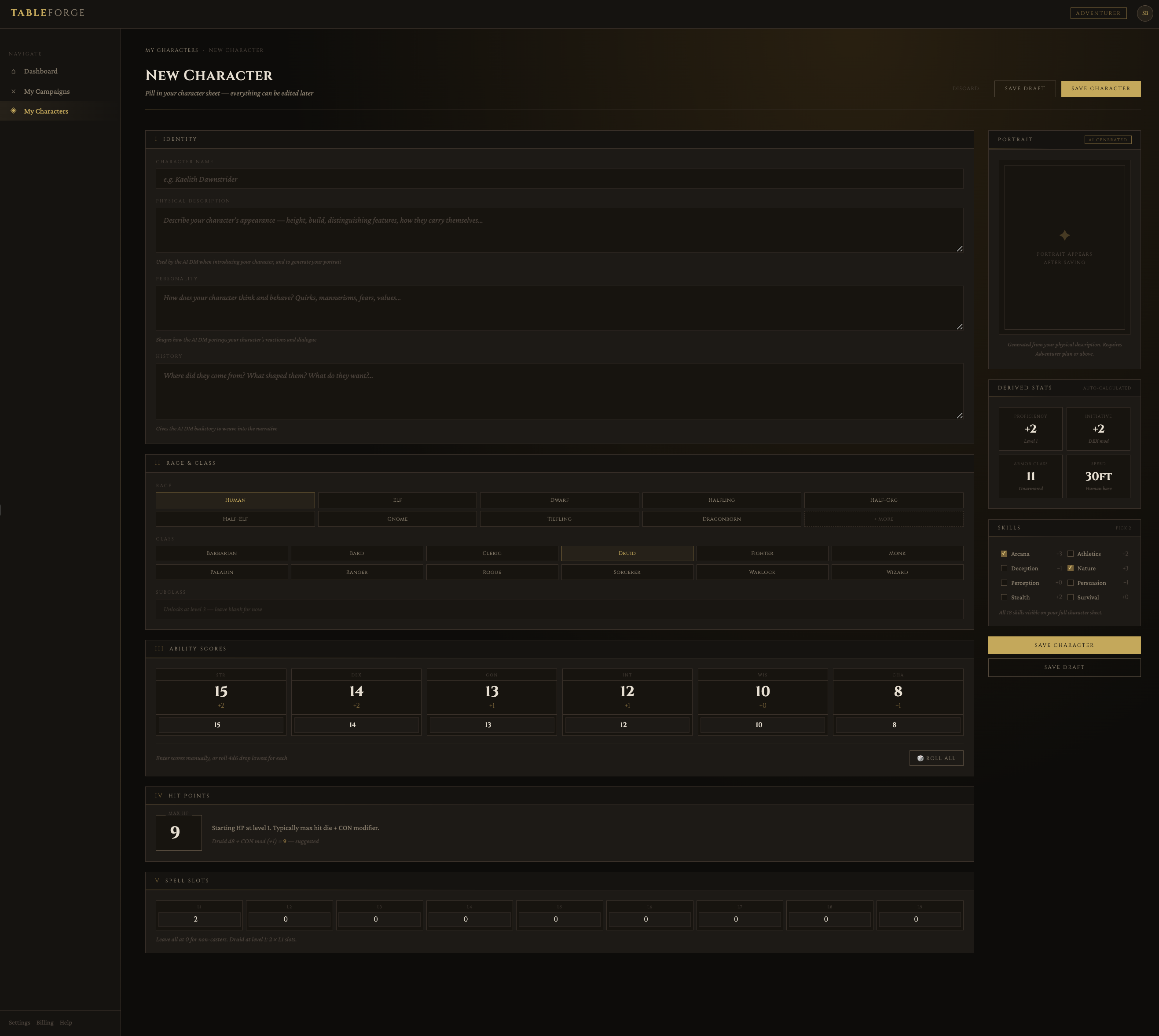 TableForge character sheet