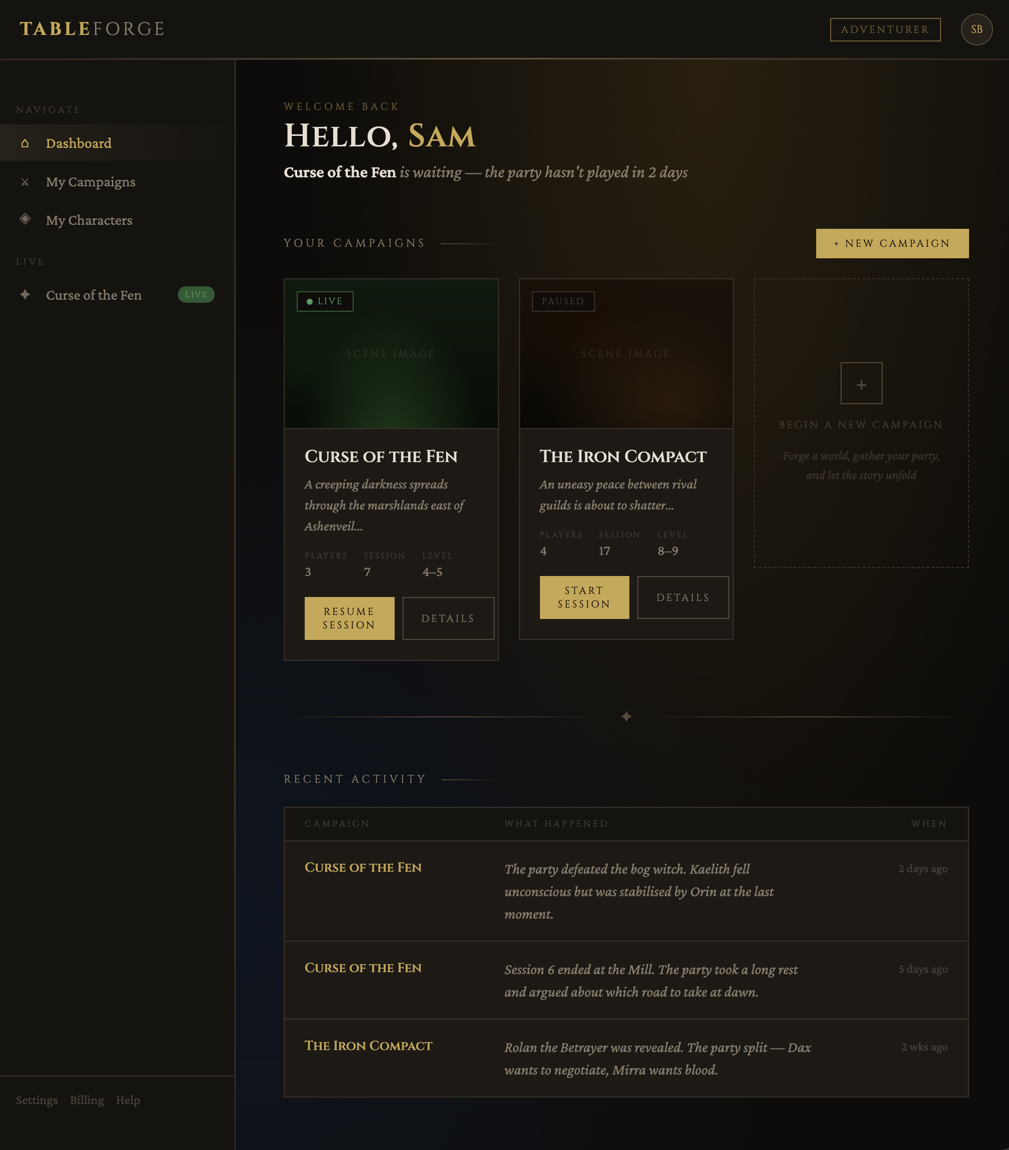 TableForge dashboard — your campaigns at a glance